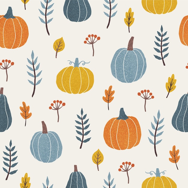 Colourful pumpkins leafs and branches Seasonal autumn seamless pattern Vector illustration