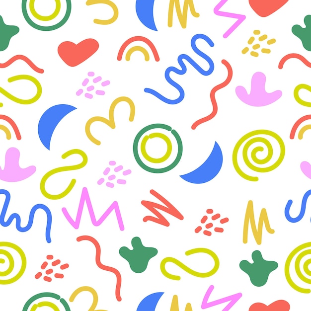 Colourful seamless doodle pattern with simple shapes Hand drawn minimalist style background