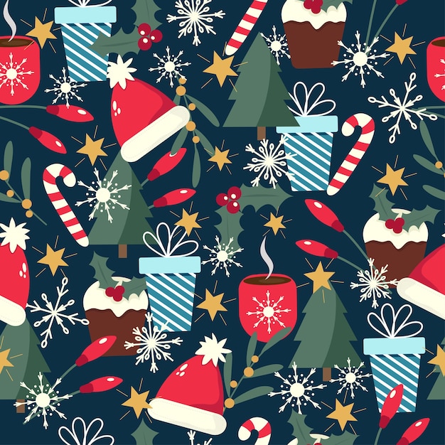 Colourful seamless winter pattern on a dark blue background.