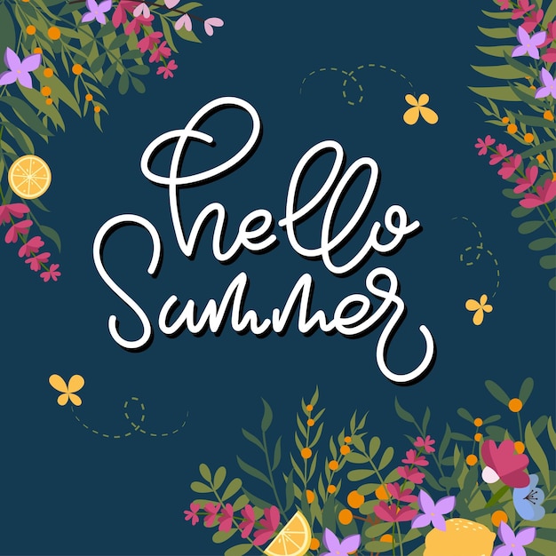 Colourful summer banner with handdrawn lettering flowers and butterflies on a dark background