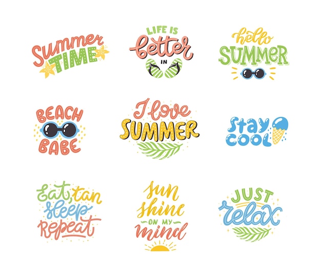 Colourful summer lettering set in modern style handdrawn holiday decorations isolated vector