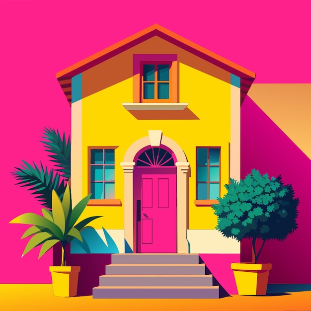 Vector colourfull less detail house front view vector flat colour on point prespective 2d fusia light