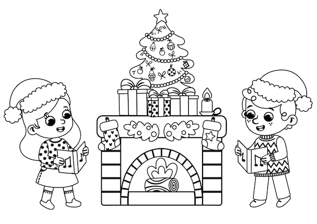 Colouring Activity Page for Children Illustration of Two Cute Christmas Carols Near the Fireplace