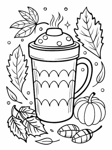 Vector colouring book page autumn coffee travel mug for children with vector design and background