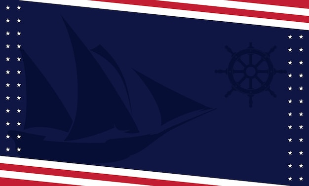 Columbus Day Background With American Flag Colors And Silhouette Of Sailing Ship And Steering Wheel