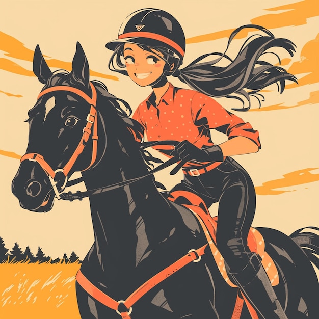 A Columbus girl rides a horse in cartoon style