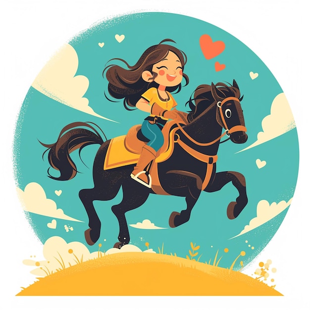 A Columbus girl rides a horse in cartoon style