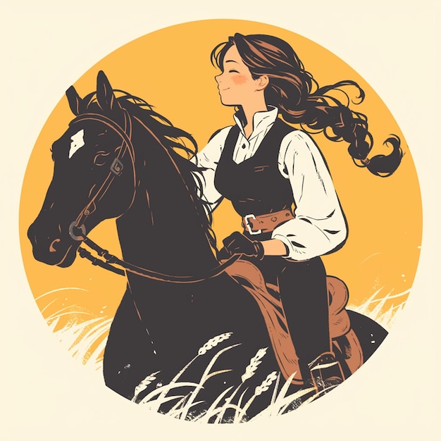 A Columbus girl rides a horse in cartoon style