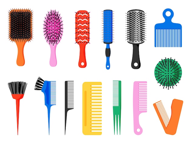 Comb Hair brush Various colored tools for barber and hairdresser Round and flat hairbrush collection Isolated professional beauty salon equipment Vector personal accessories set