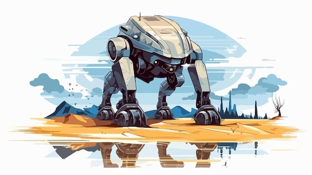 Vector combat mech marching on desert after rain illustration