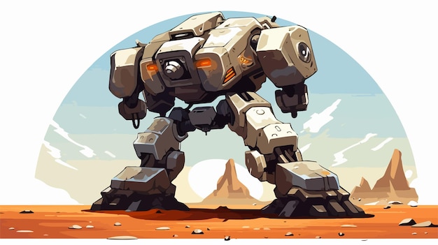 Vector combat mech marching on desert after rain illustration