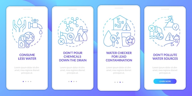 Combat water contamination blue gradient onboarding mobile app screen Walkthrough 4 steps graphic instructions pages with linear concepts UI UX GUI template Myriad ProBold Regular fonts used