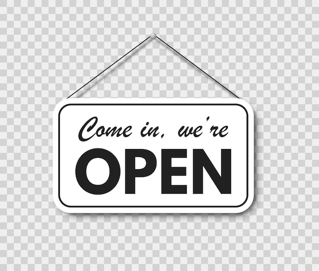 Come in we're open and sorry we're closed hanging signboard set with rope and shadow on transparent background Vector EPS 10