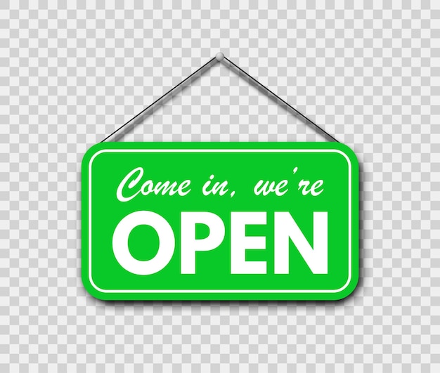 Come in we're open and sorry we're closed hanging signboard set with rope and shadow on transparent background Vector EPS 10