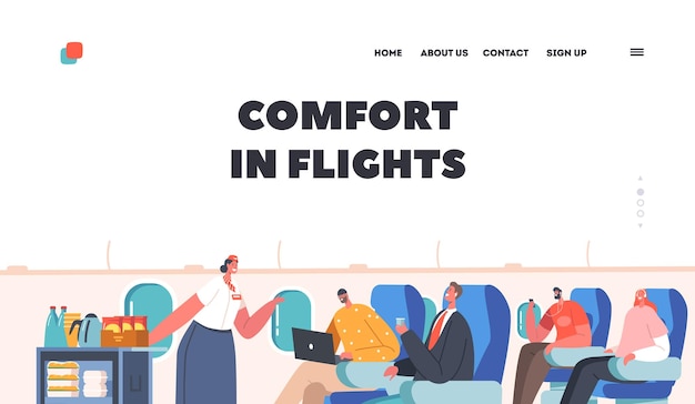 Comfort in Flights Landing Page Template Stewardess with Trolley Serving People in Airplane Crew and Passengers