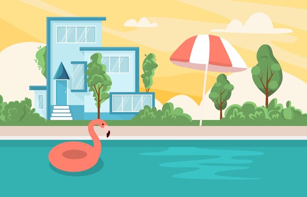 Comfortable fashion style modern villa pink toy inflatable circle flamingo in personal pool flat vector illustration relax spend time