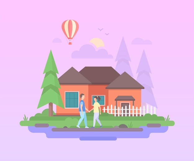 Comfortable house - modern flat design style vector illustration on purple background. A composition with couple holding hands before a small low-storey building, trees, hot air balloon, clouds, sun