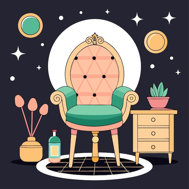 Vector a comfortable ornate armchair with a side table and a plant in a dark room with stars and circles