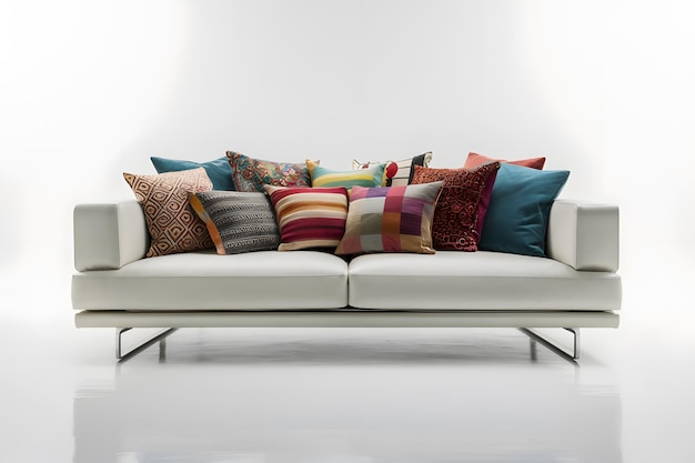 Vector comfortable sofa with colorful pillows in the room close up