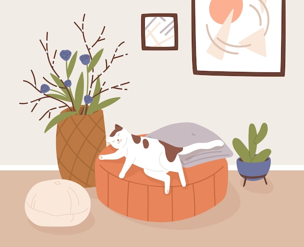 Vector comfy living room interior with sleeping cat, potted houseplants and home decorations. cute pet lying on ottoman at modern cozy home. sweet life of domestic animals. flat vector illustration