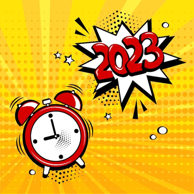 Comic alarm clock New Year 2023 vector funny wake up icon countdown speech bubble in pop art style