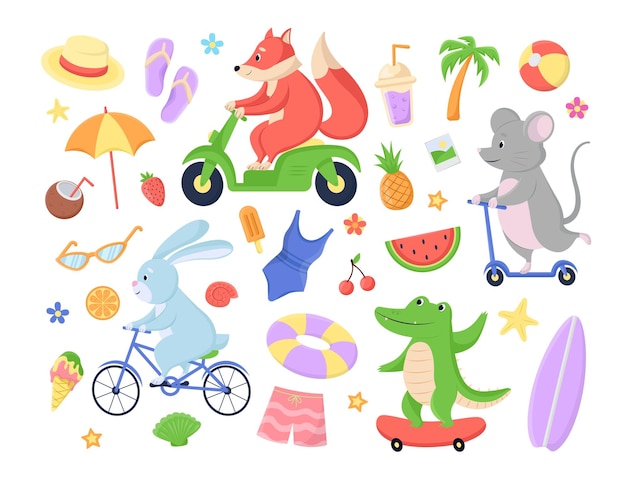 Comic animals on personal transport vector illustrations set. Cute fox, mouse, bunny, crocodile cartoon characters riding motorbike, kick scooter, bicycle, skate. Transportation, summer concept