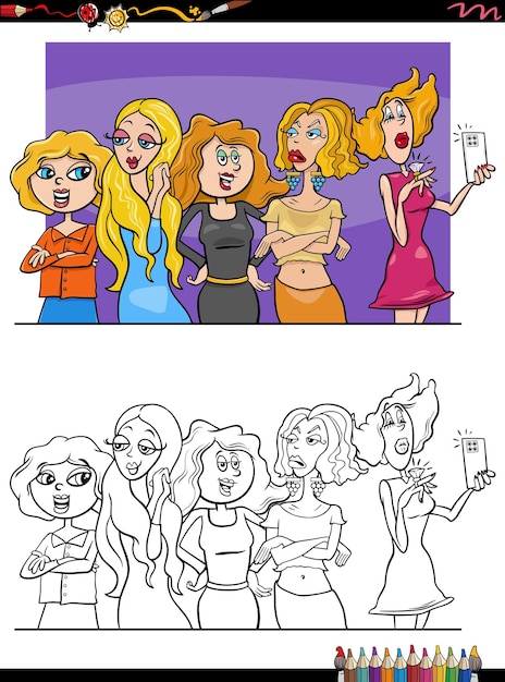 Comic beautiful girls or women group coloring page