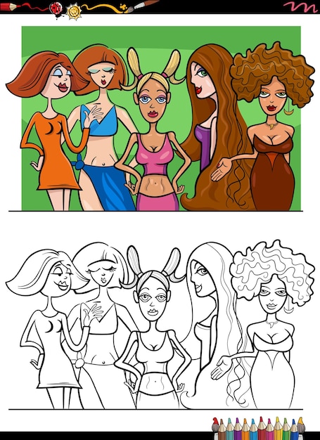 Comic beautiful girls or young women group coloring page