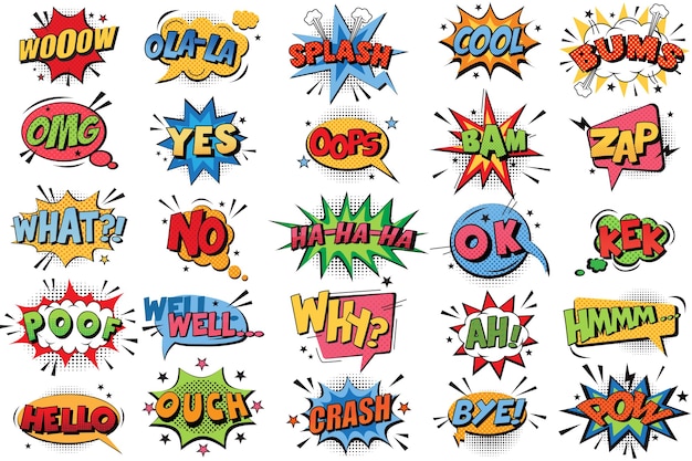 Comic book bubbles doodle set. Collection of cartoon emotional color explosions funny comical speech clouds comics words thinking dream bubbles text conversation  illustration