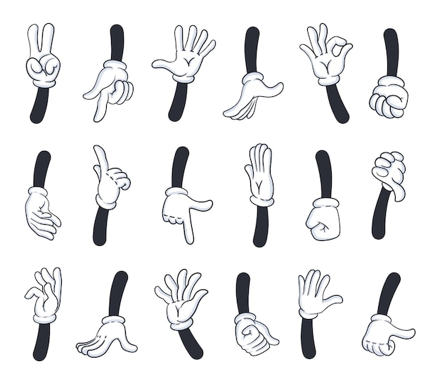 Vector comic book hands gestures flat vector illustration set gloved comic hands