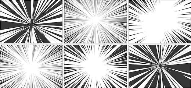 Comic book motion effect Black and white diverging rays Pop art halftone design High speed or bomb explosion mockup Light flash or superhero backgrounds set Vector abstract lines