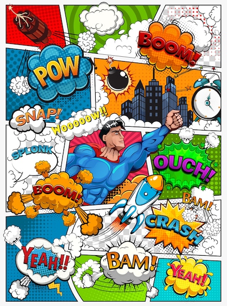 Comic book page divided by lines with speech bubbles, rocket, superhero and sounds effect. Retro background illustration