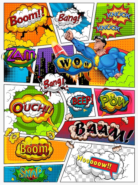 Comic book page divided by lines with speech bubbles rocket superhero and sounds effect