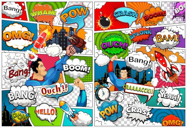 Comic book page template divided by lines with speech bubbles, rocket, superhero and sounds effect. Retro illustration