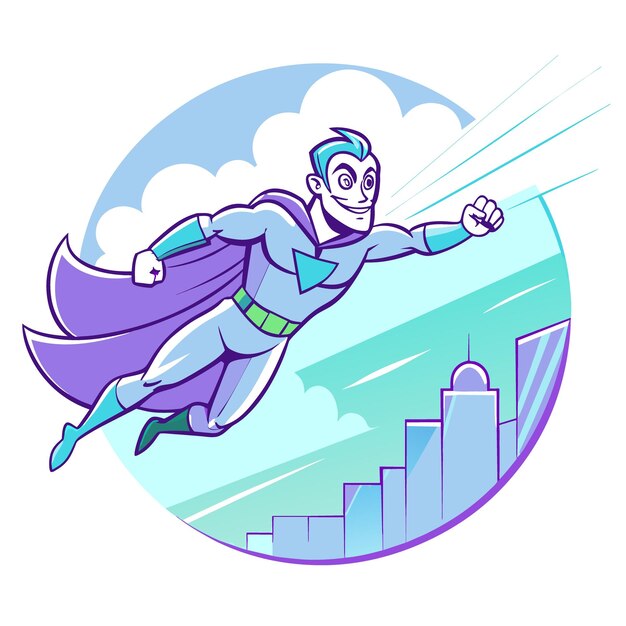 Vector comic bookstyle superhero flying through the sky with a cityscape background and action lines emph