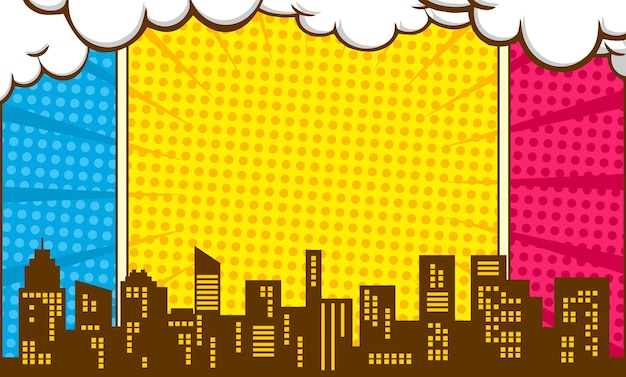 Comic cartoon background with city silhouette and cloud