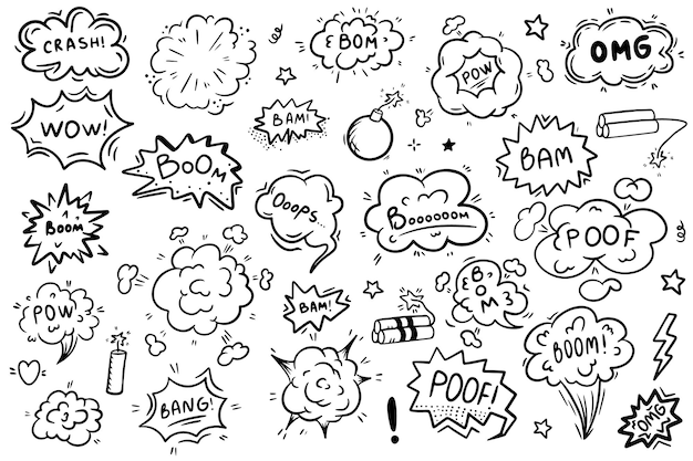 Comic cartoon line bomb explosion hand drawn cartoon explosion bomb effect splash exclamation smoke