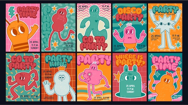 Vector comic character party posters cartoon abstract crazy monster mascot shape retro funny template design for poster card banner funny amorphous dudes vector psychedelics element