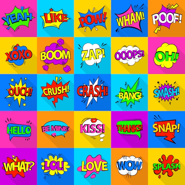 Comic colored sound icons set. Flat illustration of 25 comic colored sound icons for web