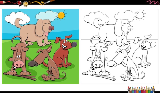 Comic dogs characters group in the meadow coloring page