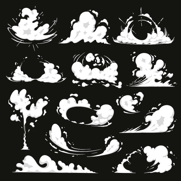 Comic explosion effect set Vector dust smoke cloud cartoon energy blast and motion speed sparks