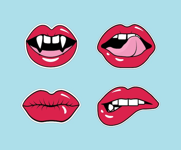 Comic female lips. Mouth with a kiss, smile, tongue, vampire teeth, open, closed lips