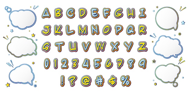 Comic font, cartoonish yellow-blue alphabet and set of speech bubbles