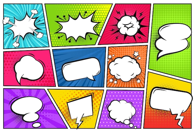 Comic frames with speech bubbles talk balloons with pop art backdrop set