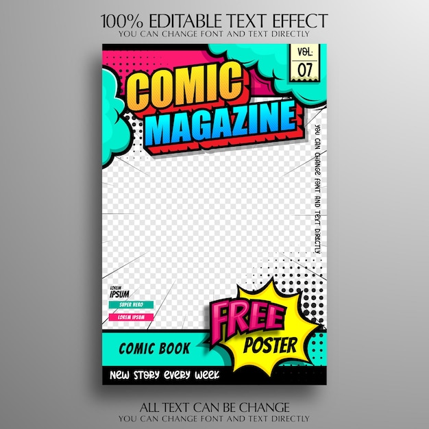 Comic magazine template with editable text effect