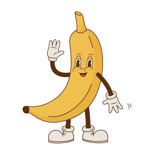 Comic mascot of banana vector illustration Funny retro cartoon tropical fruit character Groovy style