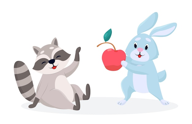 Comic rabbit giving big cherry to raccoon vector illustration