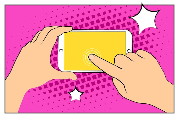 Comic smartphone phone with halftone shadows. Hand holding smartphone. Pop art retro style. Flat design. Vector illustration eps 10