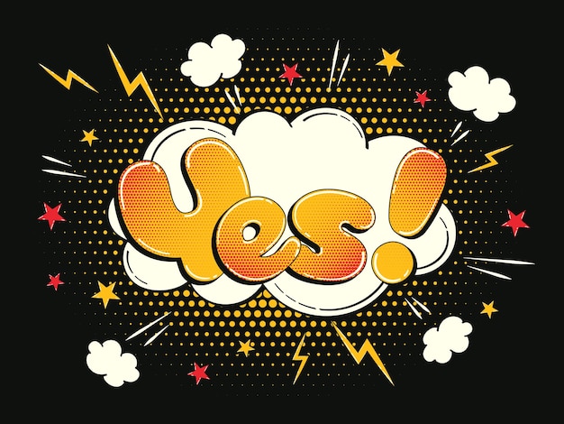 Comic speech bubble in the shape of a cloud with halftone effect with the word Yes in comic style