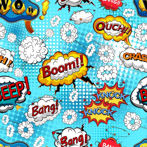 Comic speech bubbles seamless pattern with explosions and sound effects Vector illustration